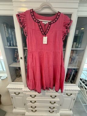 Pink Tiered Casual Dress with Navy Trim